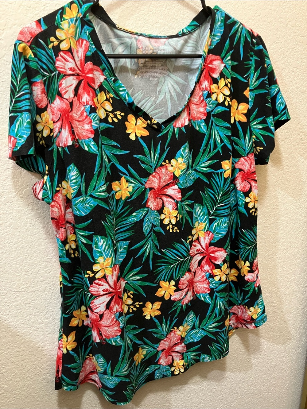Women’s Black Tropical Floral V-Neck Top - Red & Yellow Hibiscus